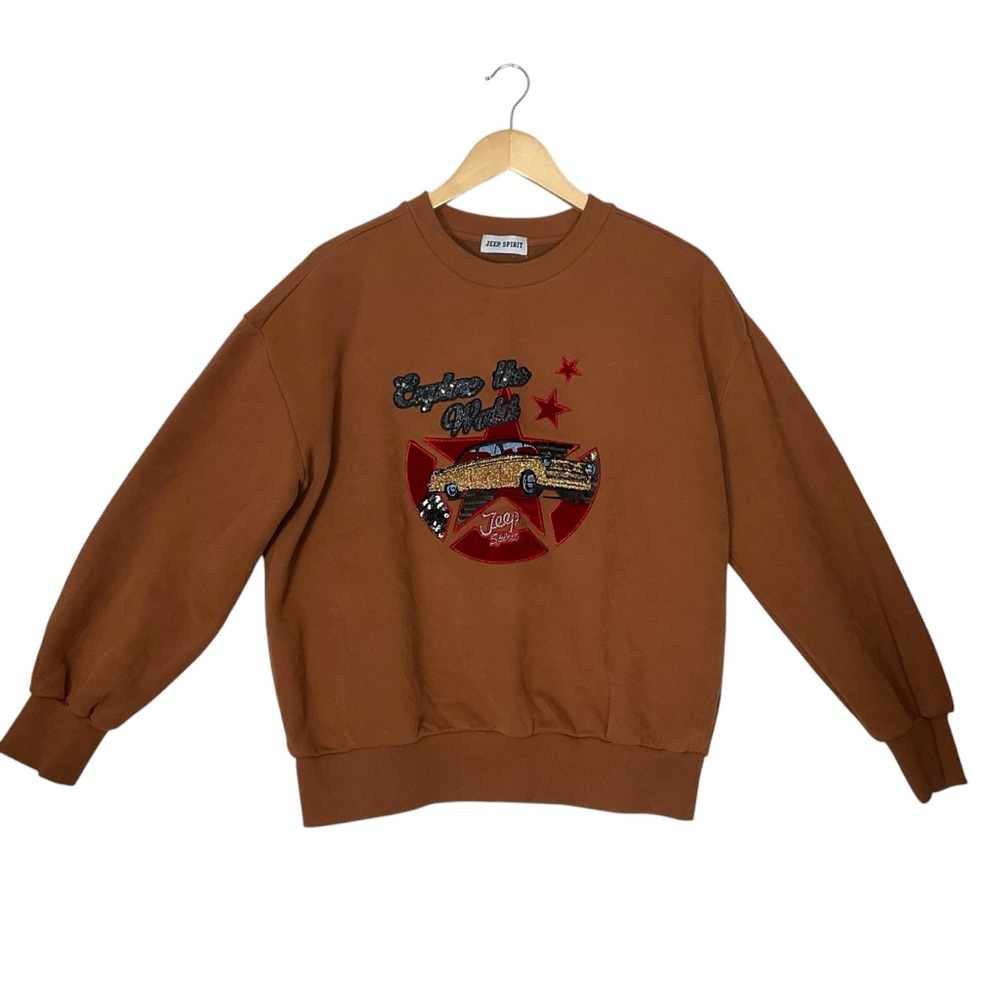 JEEP SPIRIT sz OS Crewneck Sweatshirt Embroidered Design Car Stars Sequins Rust